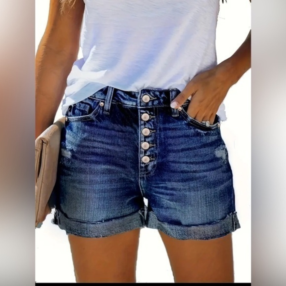 Women's Stretch Denim Shorts Roll-Up Hem and Front Button Fly High Elasticity M